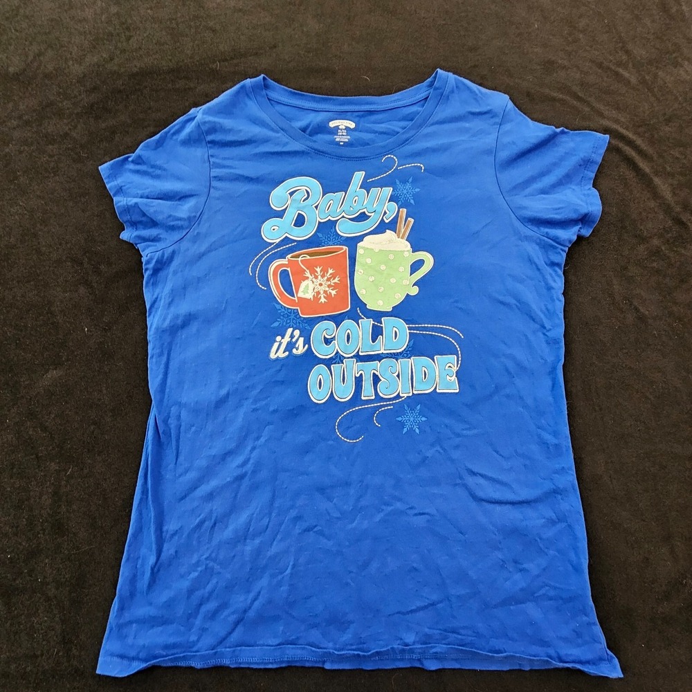 Baby It's Cold Outside Christmas Blue Short Sleeve Cotton T-Shirt Women's XL